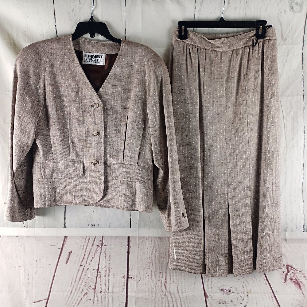 Vtg Ernst Strauss By Paul Schnell Sz 6 Brown White Lined 2pc Skirt Suit NWT $480